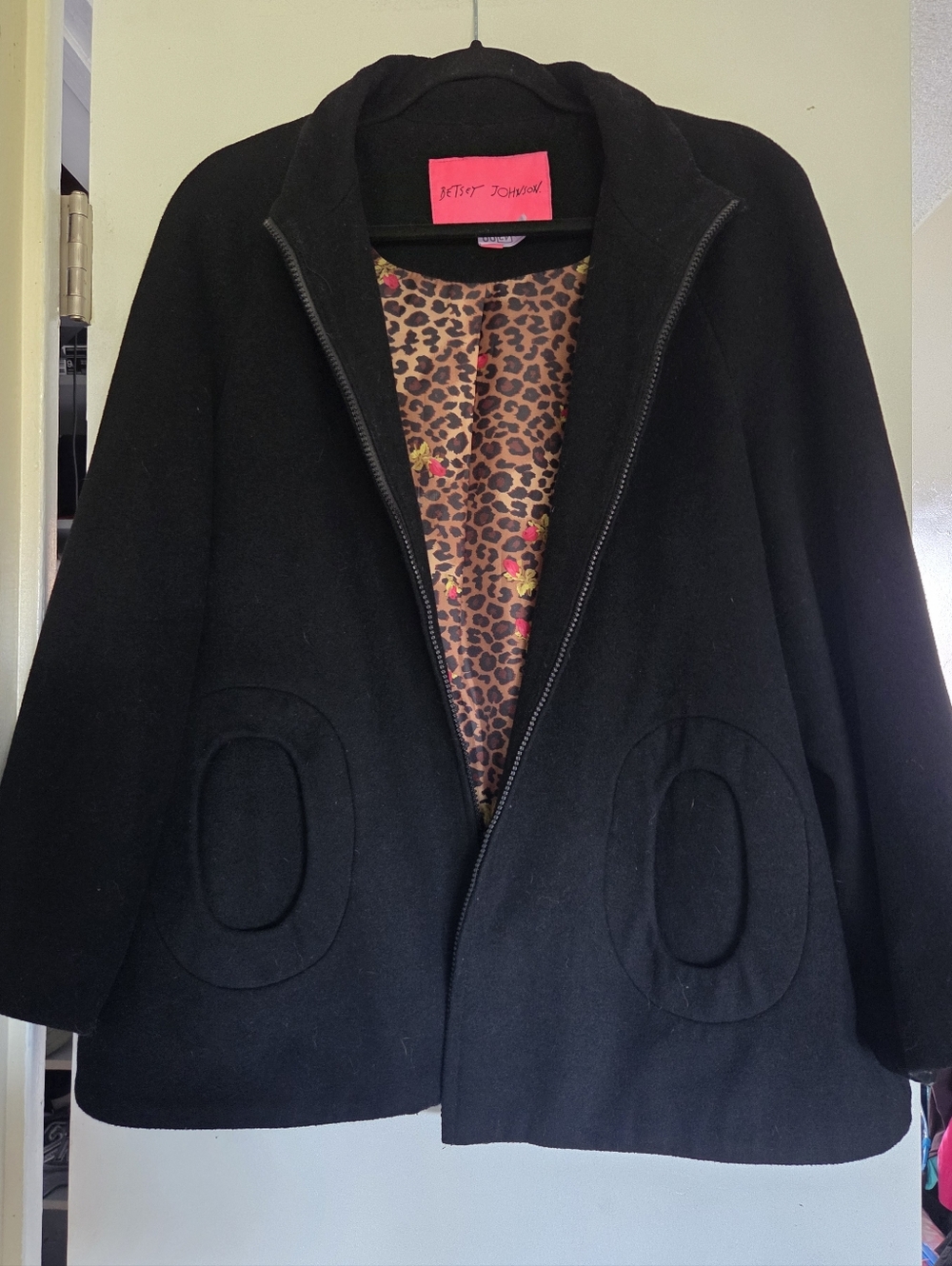 Betsey Johnson  Wool Black Zip-Front Pea Coat with Leopard-Print Lining